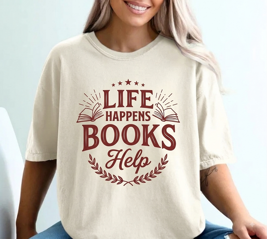 "Life Happens Books Help" Vintage Reader Graphic Oversized T-Shirt
